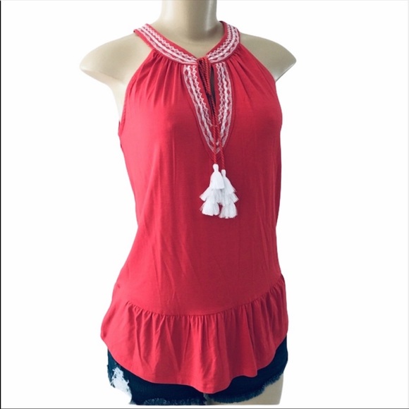 Neiman Marcus Coral Tassel Tank Striped Halter neckline. - Picture 3 of 13